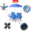 Double Folding Picnic Chairs w/Umbrella Mini Table Beverage Holder Carrying Bag for Beach Patio Pool Park Outdoor Portable Camping Chair (Blue)